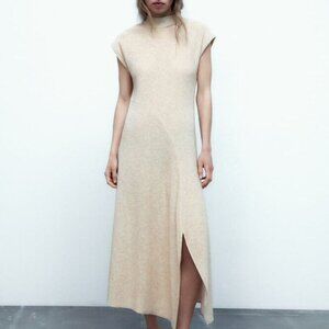 Zara Metallic Thread Short Sleeve  Mock Neck T-Shirt Midi Dress Beige Women's S